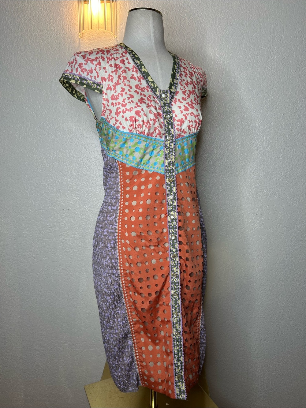 Byron Lars Multicolor Patchwork Midi Dress Coral, Pink, Green, Blue, Purple